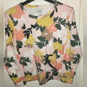 Croft&Barrow Womens Pink Yellow Green Floral and Leaves Flowery Sweatshirt XL